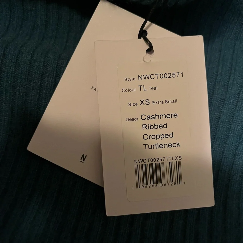 NWT NAADAM CASHMERE RIBBED CROPPED TURTLENECK - TEAL XS $345 - Picture 5 of 5